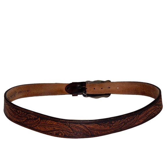 Vintage Justin Tooled Leather Belt Mens Size 38 Buckle Native American Buffalo - Picture 5 of 13